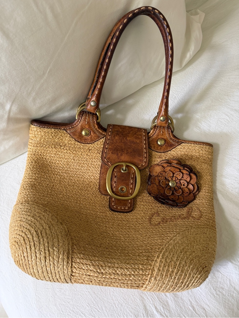 Coach Natural Straw Tote with Brown Leather Trim and Floral Appliqué